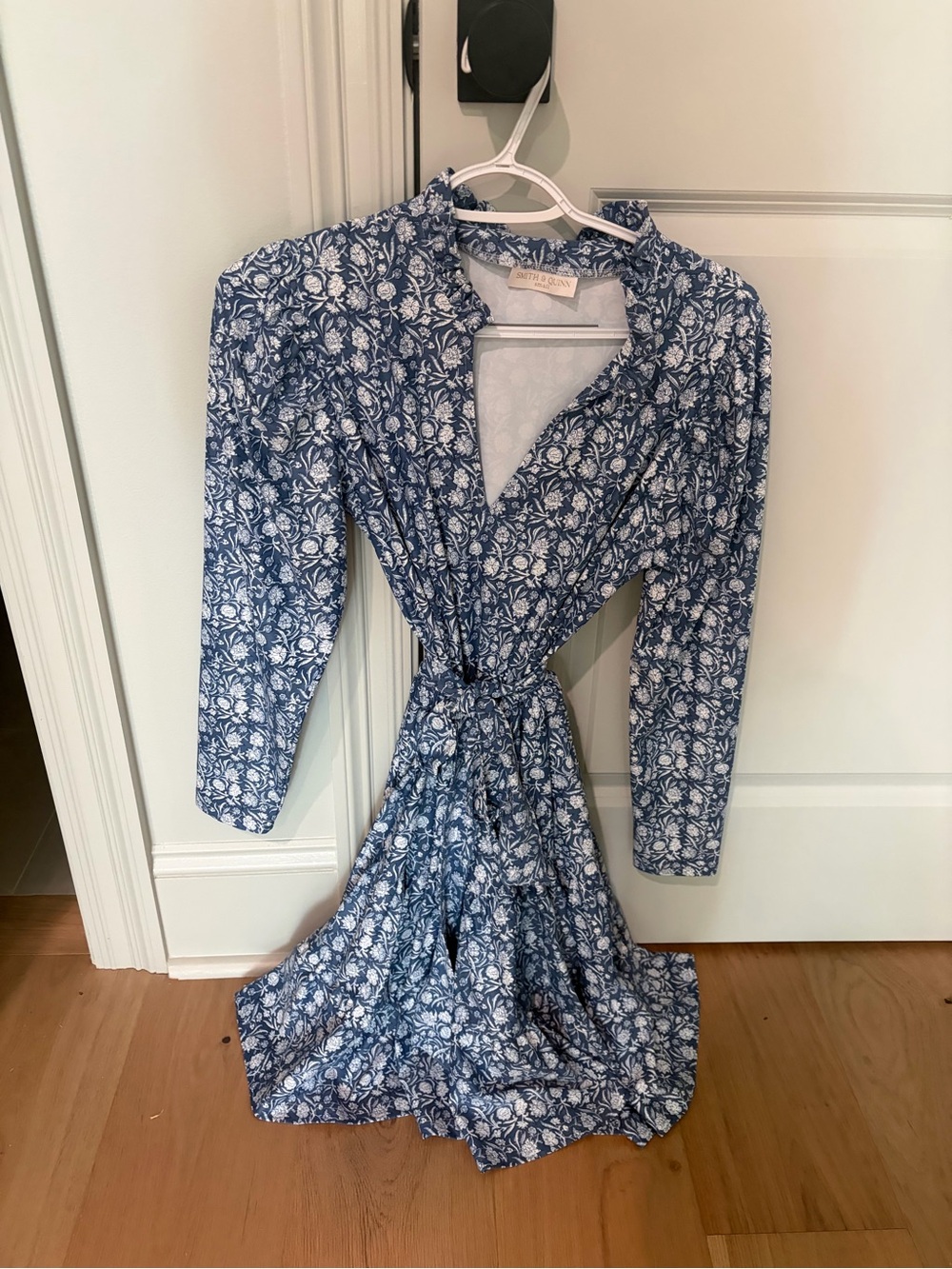 Blue Floral Wrap Dress with Tie Waist - Women's